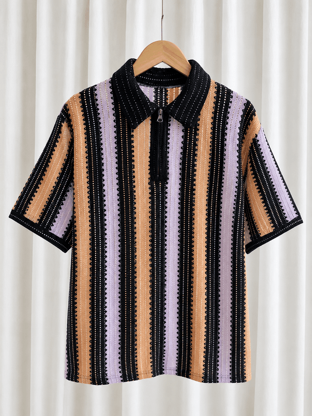 Textured stripe knit polo shirt