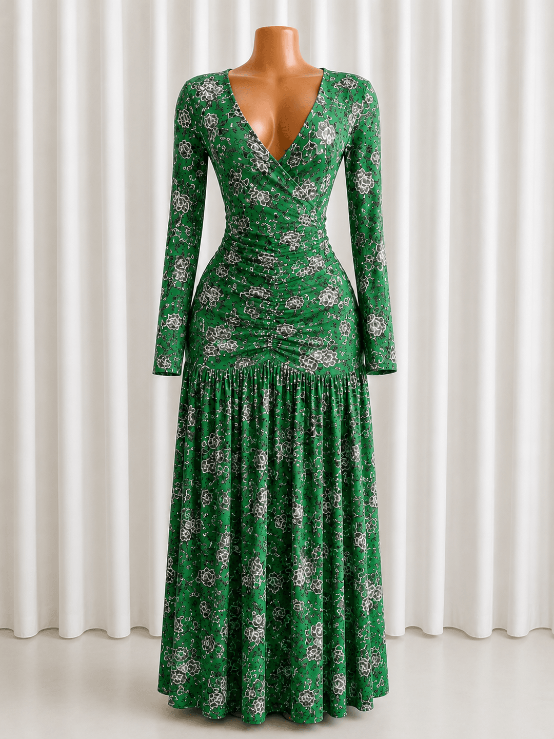 Emerald floral ruched gown