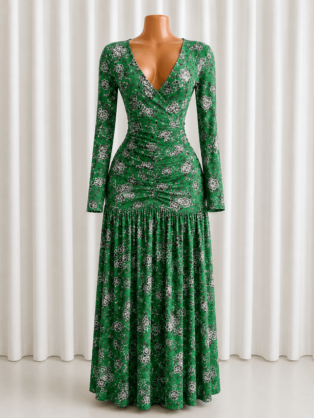 Emerald floral ruched gown