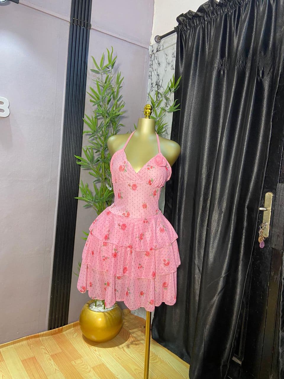 Blush Pink Floral Tiered Halter Dress