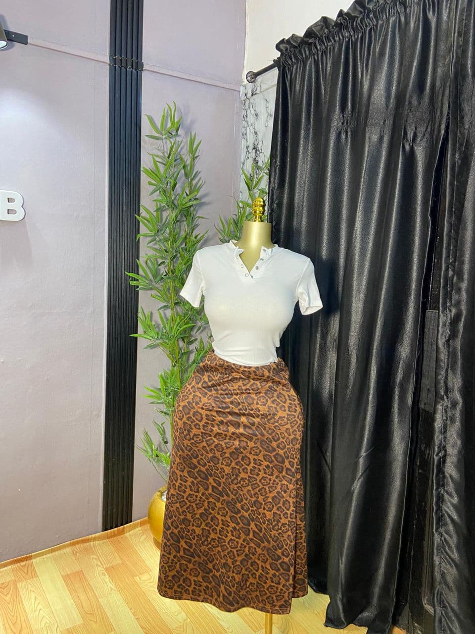 White Ribbed Button-Up Top with Leopard Print Skirt