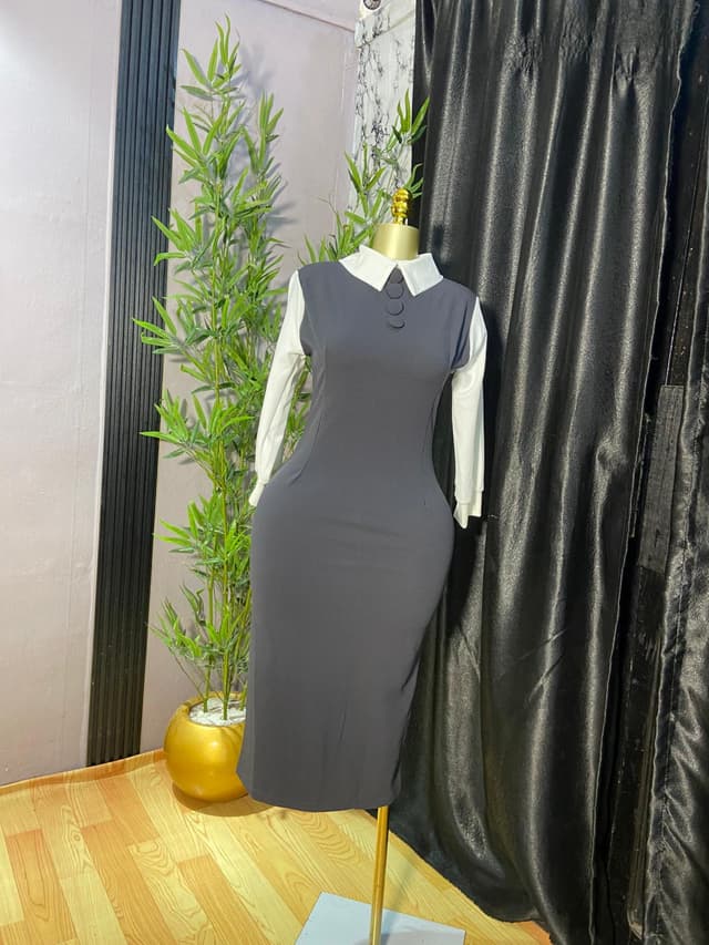 Charcoal Contrast Collar Midi Dress