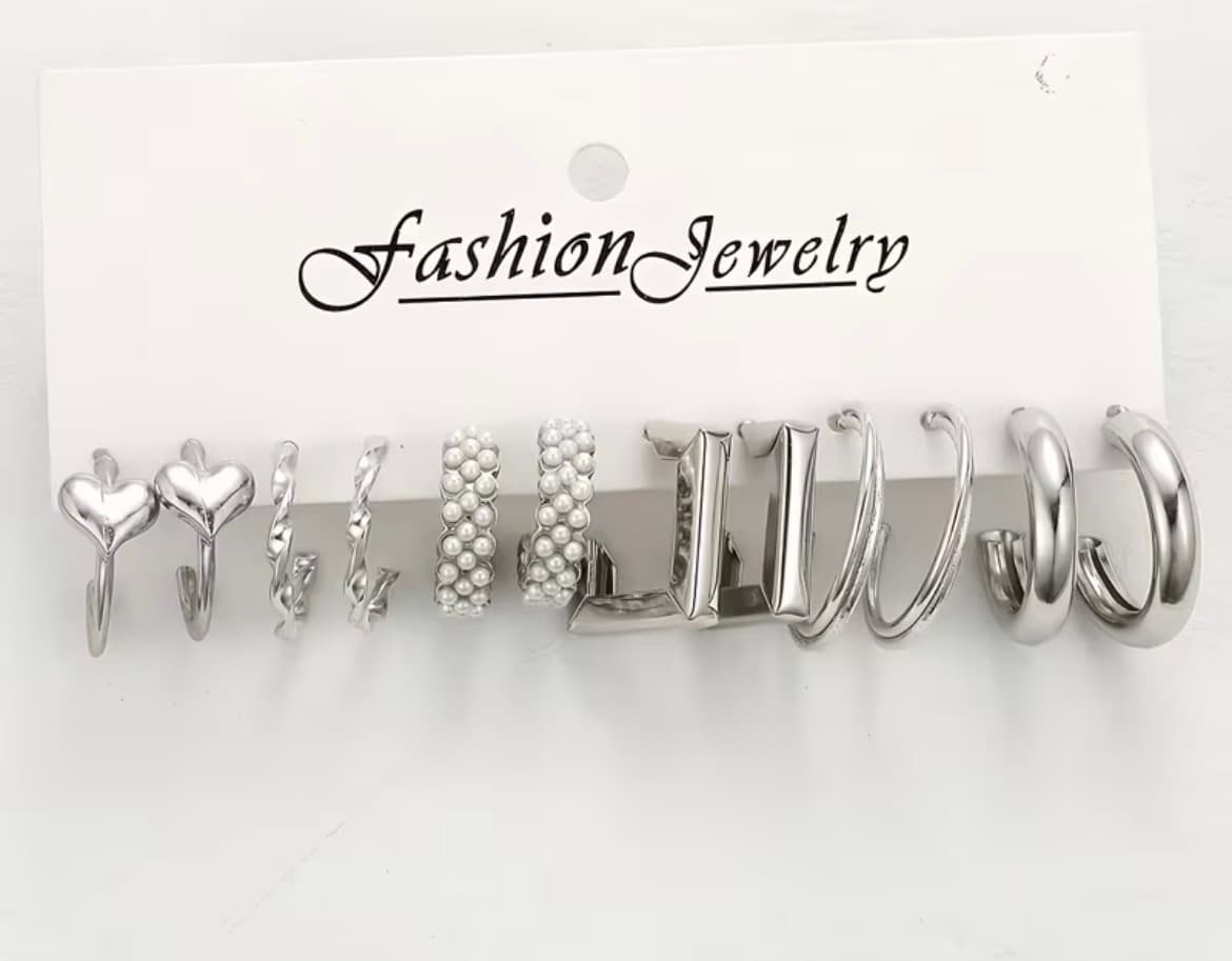 6pcs set of silver hoop earrings 