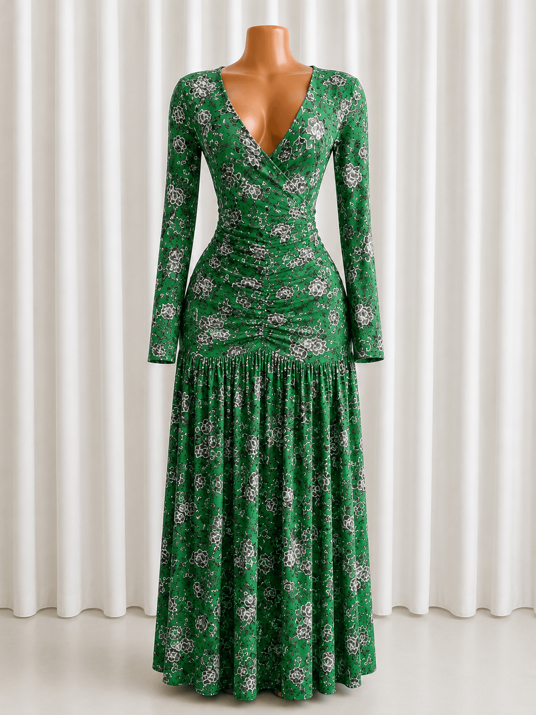 Emerald floral ruched gown